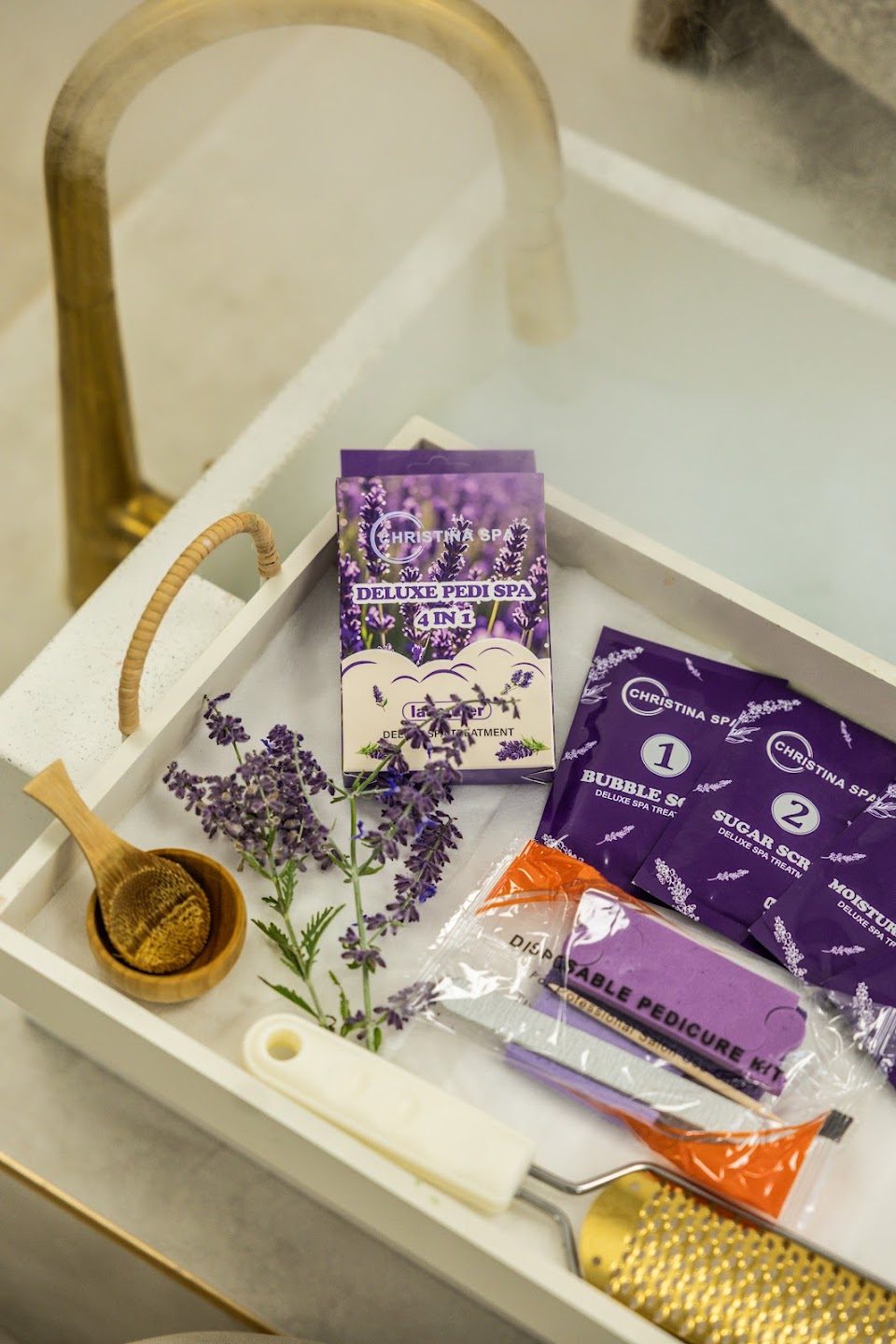 Spa pedicure products on a tray